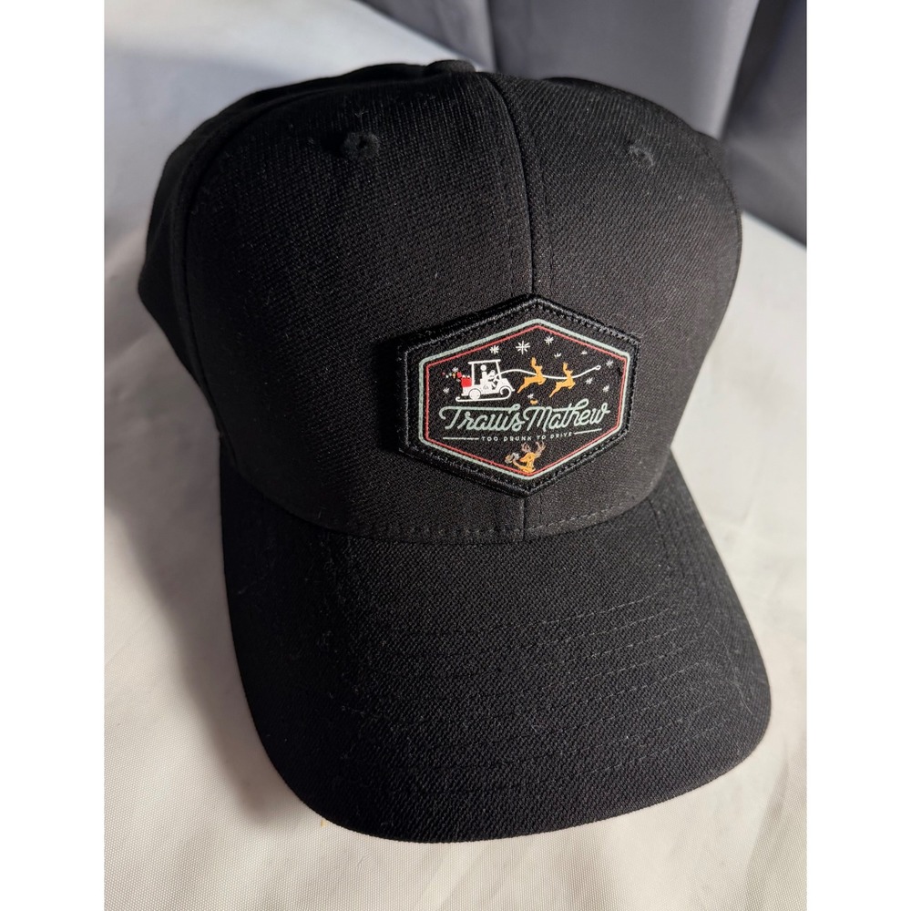 TravisMathew Mens Black Flexfit Hat Christmas Golf Cart Reindeer L-XL Cap